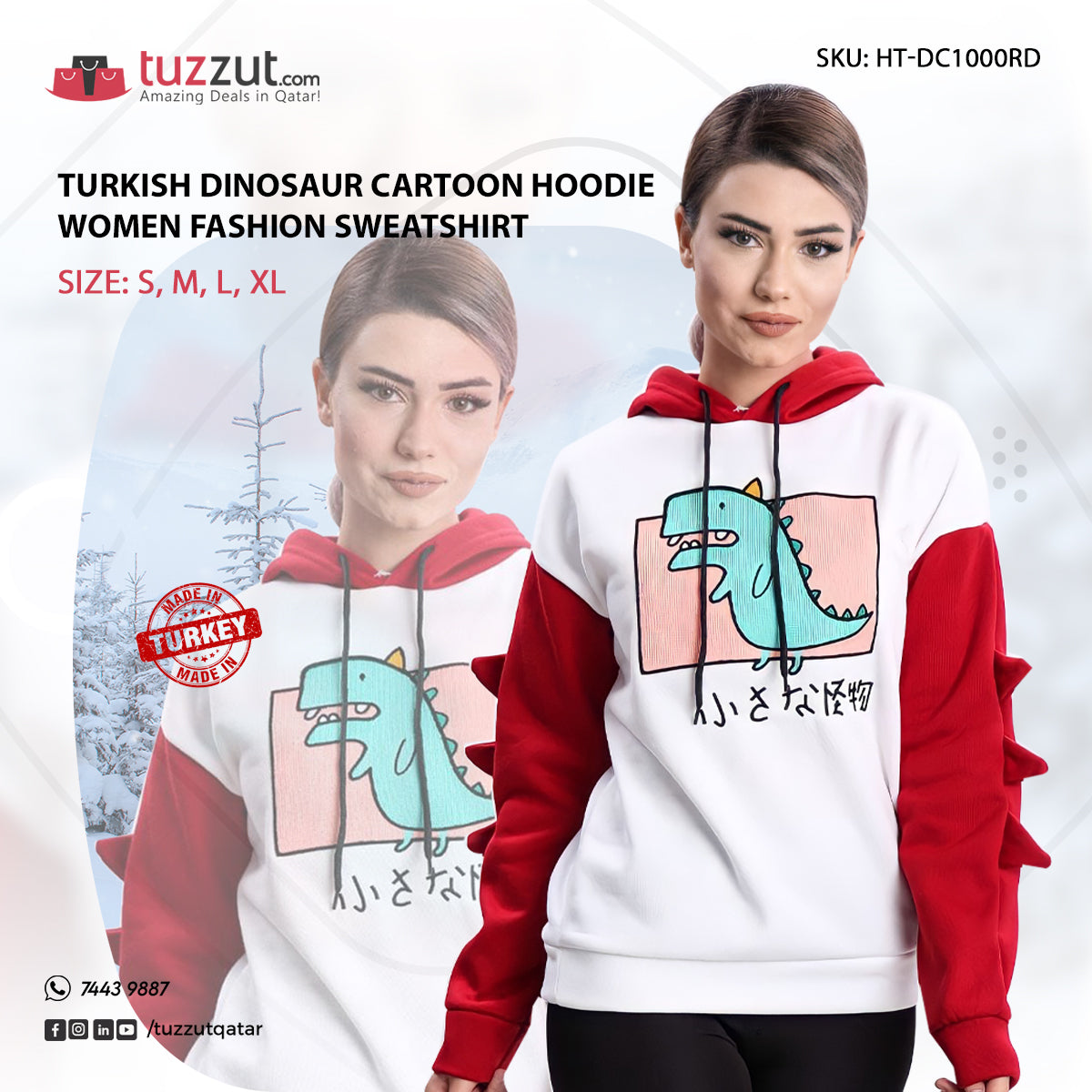 Turkish Dinosaur Cartoon Hoodie Women Fashion Sweatshirt - Red Turkish Dinosaur Cartoon Hoodie Women Fashion Sweatshirt - Red