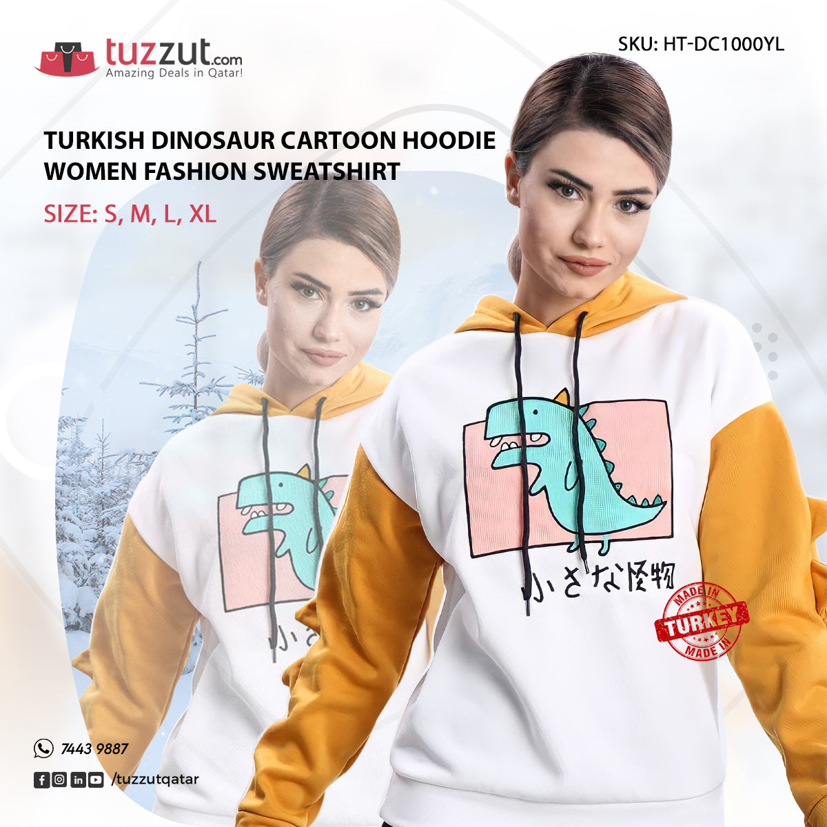 Turkish Dinosaur Cartoon Hoodie Women Fashion Sweatshirt - Yellow Turkish Dinosaur Cartoon Hoodie Women Fashion Sweatshirt - Yellow