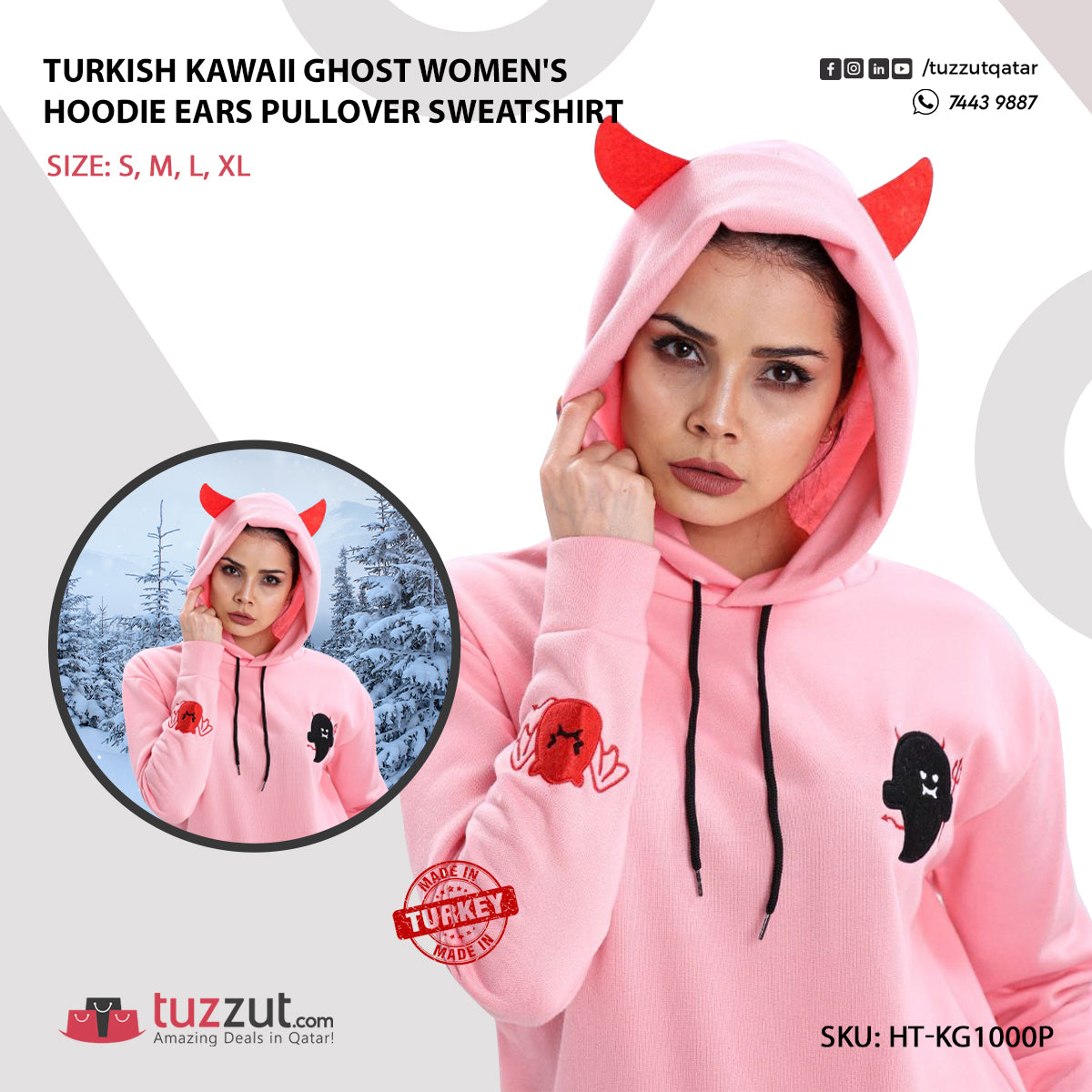 Turkish Kawaii Ghost Women's Hoodie Ears Pullover Sweatshirt - Pink Turkish Kawaii Ghost Women's Hoodie Ears Pullover Sweatshirt - Pink