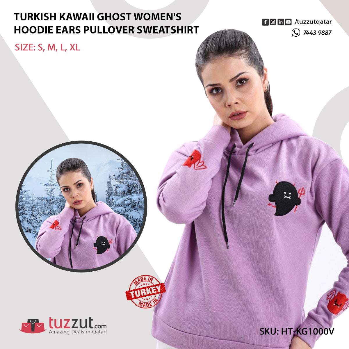 Turkish Kawaii Ghost Women's Hoodie Ears Pullover Sweatshirt - Violet Turkish Kawaii Ghost Women's Hoodie Ears Pullover Sweatshirt - Violet
