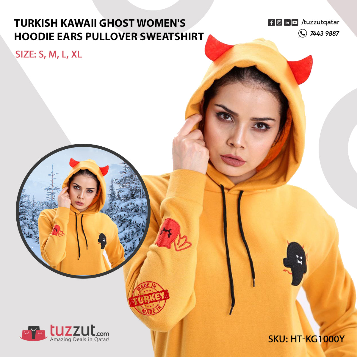 Turkish Kawaii Ghost Women's Hoodie Ears Pullover Sweatshirt - Yellow Turkish Kawaii Ghost Women's Hoodie Ears Pullover Sweatshirt - Yellow
