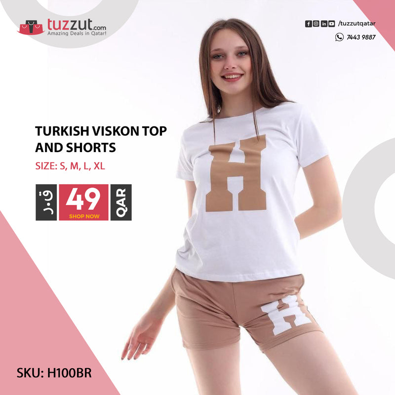 Turkish Viskon Top and Shorts H - Brown - Tuzzut.com Qatar Online Shopping