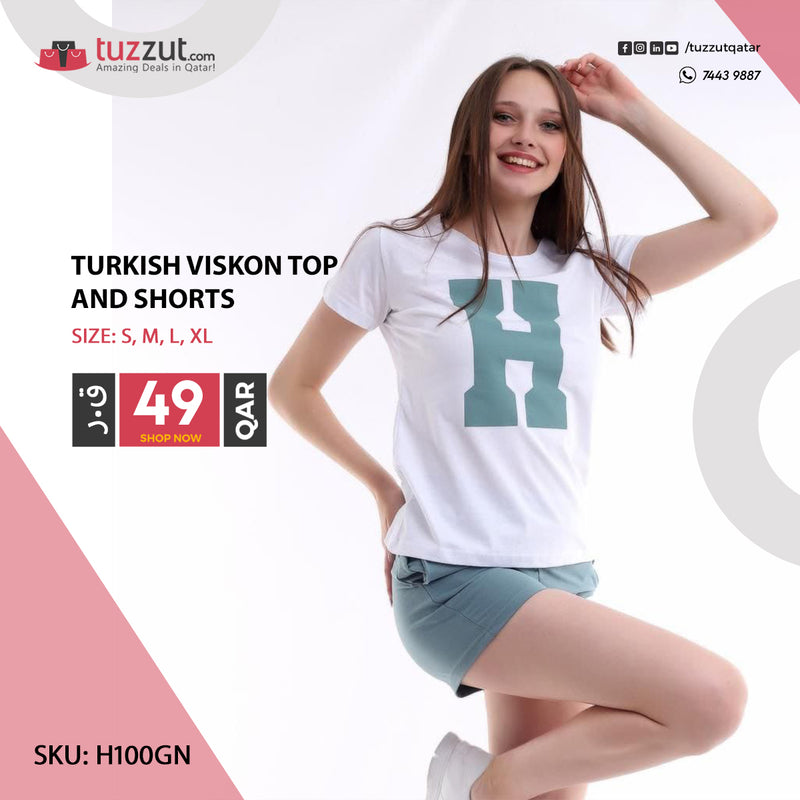 Turkish Viskon Top and Shorts H - Green - Tuzzut.com Qatar Online Shopping