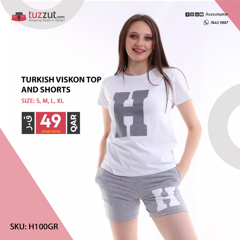 Turkish Viskon Top and Shorts H - Grey - Tuzzut.com Qatar Online Shopping