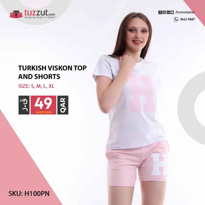 Turkish Viskon Top and Shorts H - Pink - Tuzzut.com Qatar Online Shopping