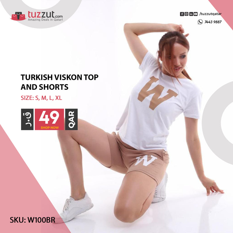 Turkish Viskon Top and Shorts W - Brown - Tuzzut.com Qatar Online Shopping