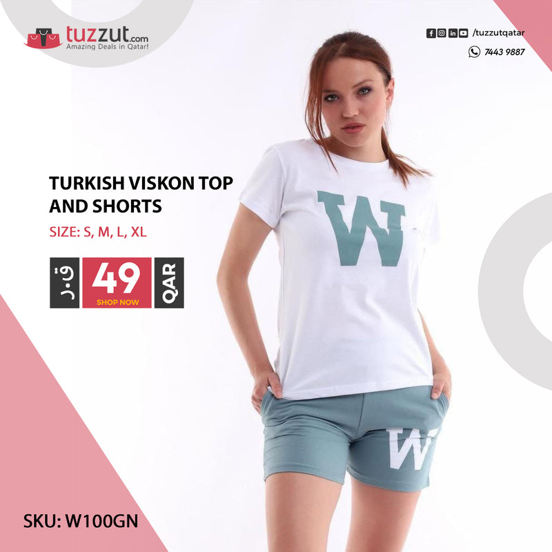 Turkish Viskon Top and Shorts W - Green - Tuzzut.com Qatar Online Shopping