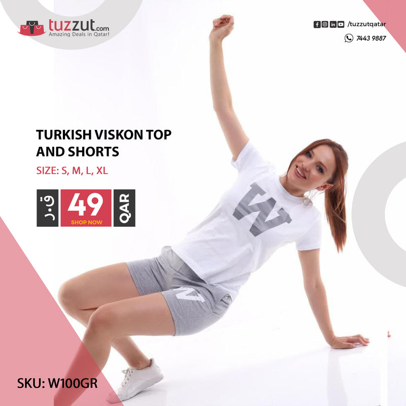 Turkish Viskon Top and Shorts W - Grey - Tuzzut.com Qatar Online Shopping