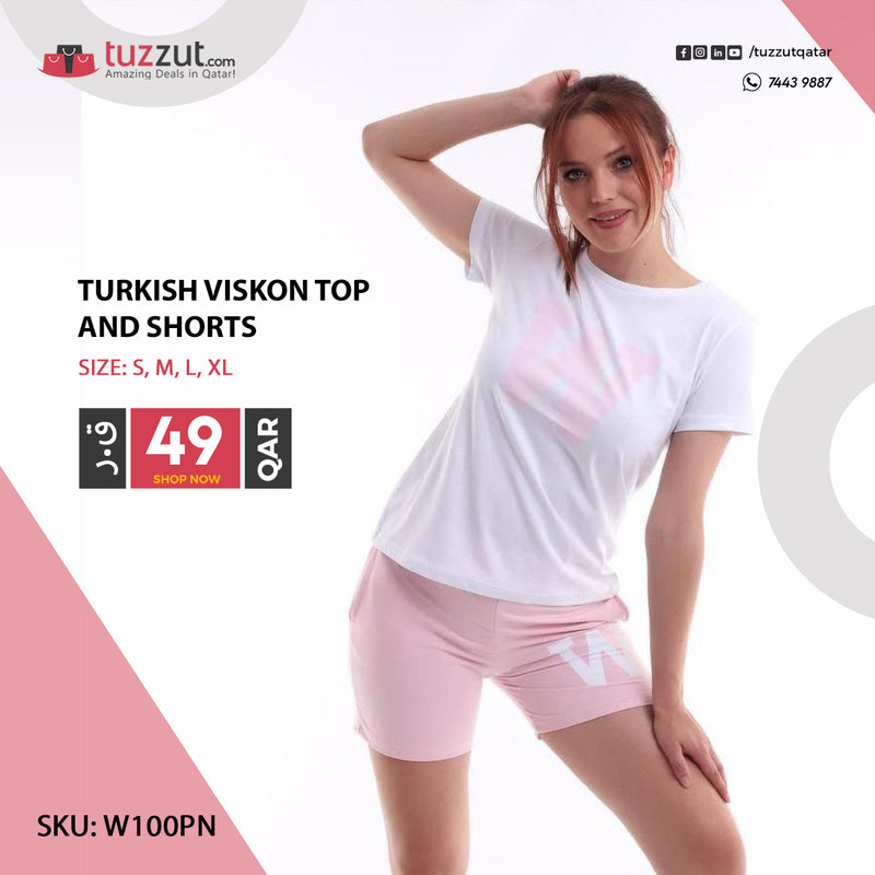 Turkish Viskon Top and Shorts W - Pink - Tuzzut.com Qatar Online Shopping