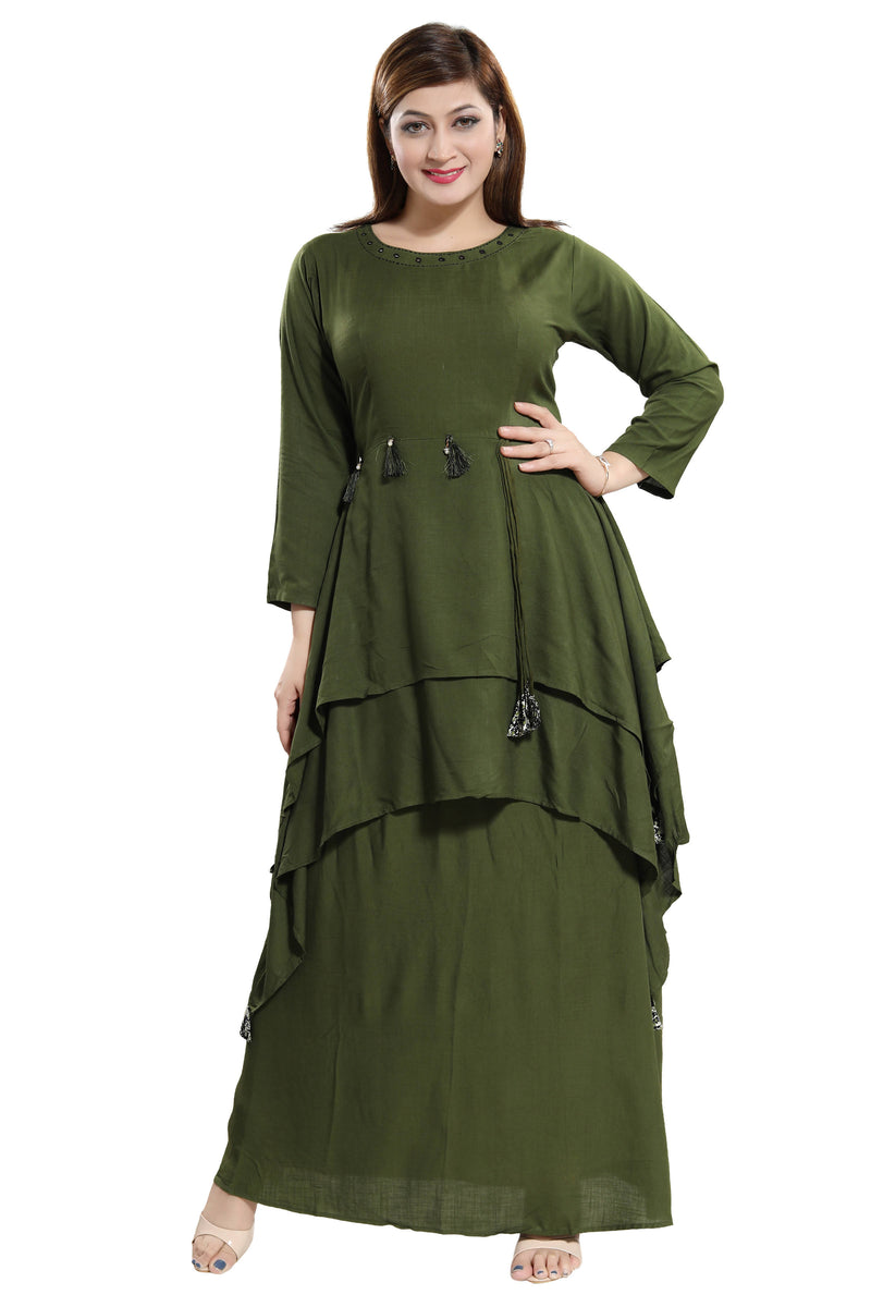 Women Green Layered Solid Maxi Dress - TUZZUT Qatar Online Store