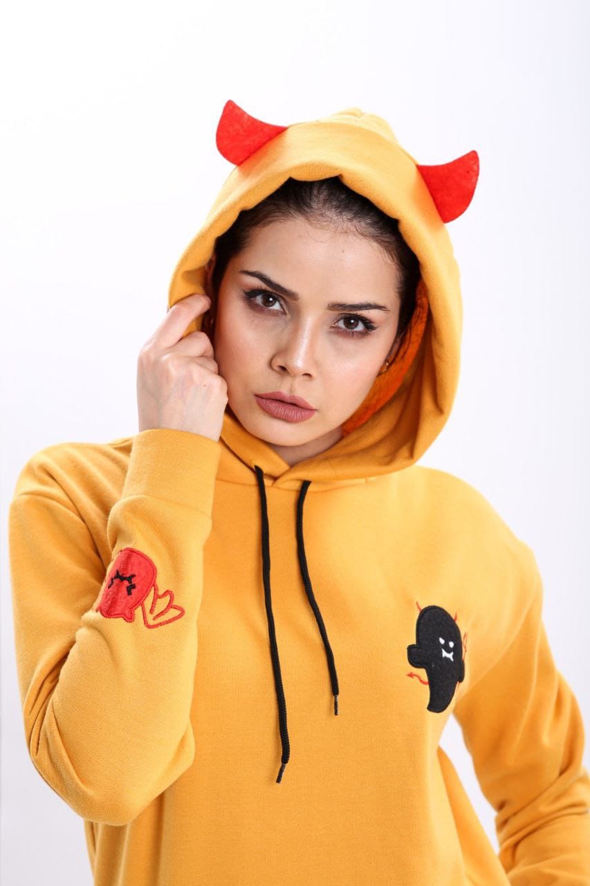 Turkish Kawaii Ghost Women's Hoodie Ears Pullover Sweatshirt - Yellow Turkish Kawaii Ghost Women's Hoodie Ears Pullover Sweatshirt - Yellow
