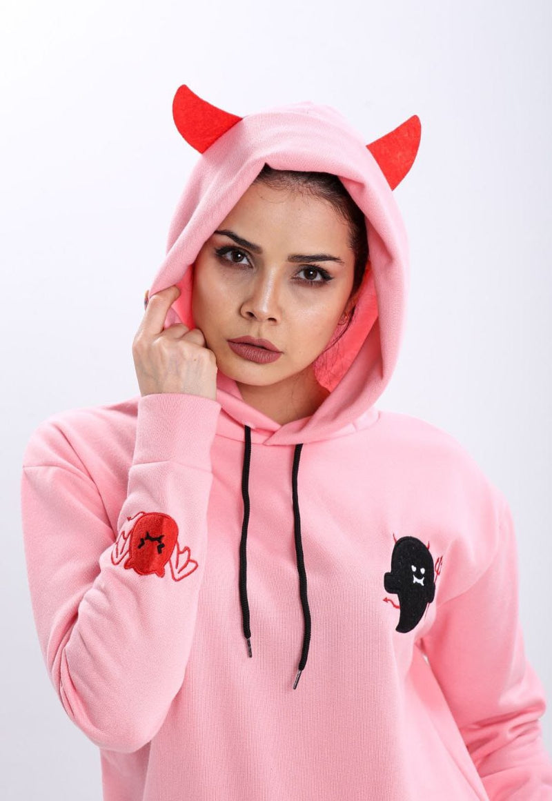 Turkish Kawaii Ghost Women's Hoodie Ears Pullover Sweatshirt - Pink - TUZZUT Qatar Online Store