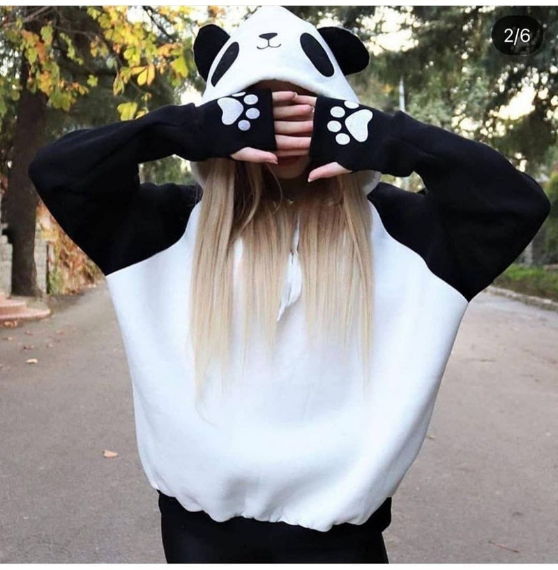 Turkish Cute Panda Hoodie Women Fashion Sweatshirt-Black & White - Tuzzut.com Qatar Online Shopping