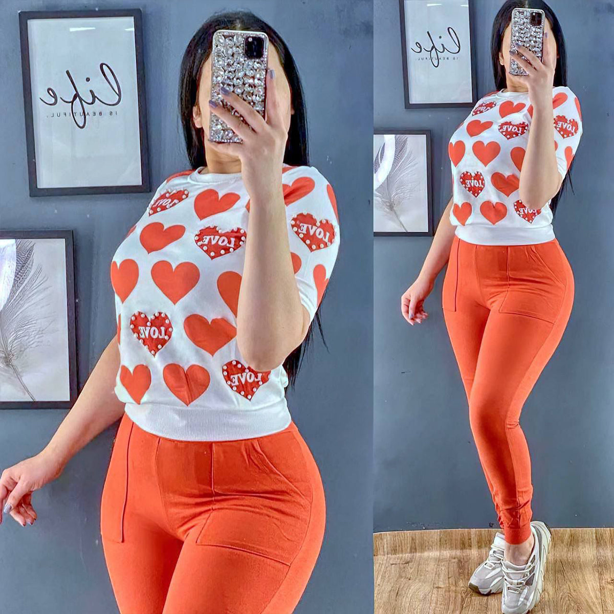 Turkish Pearl Decorated Printed Half Sleeve Top & Pant ORANGE Turkish Pearl Decorated Printed Half Sleeve Top & Pant ORANGE