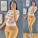 Turkish Pearl Decorated Printed Half Sleeve Top & Pant - Brown - Tuzzut.com Qatar Online Shopping