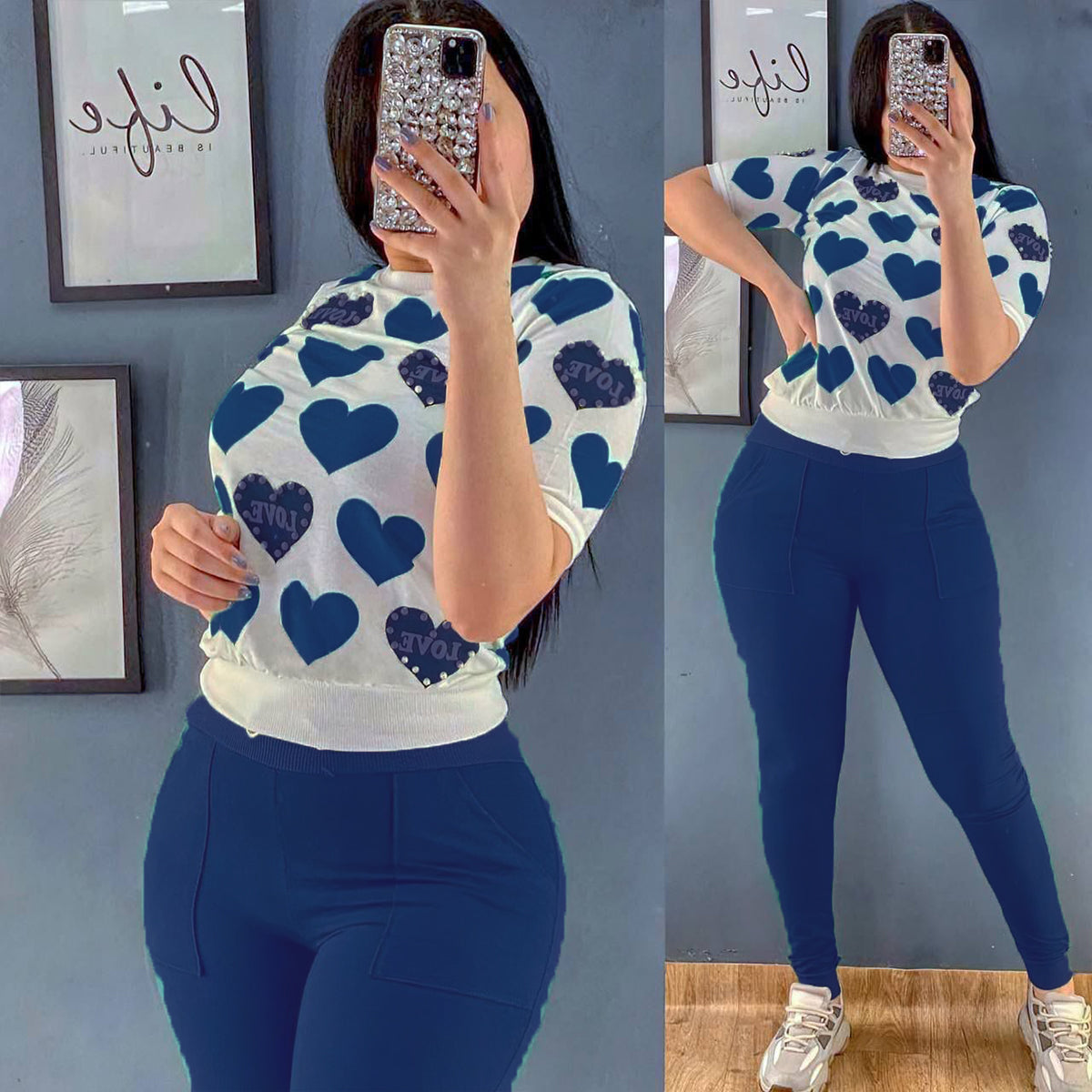Turkish Pearl Decorated Printed Half Sleeve Top & Pant - Blue Turkish Pearl Decorated Printed Half Sleeve Top & Pant - Blue