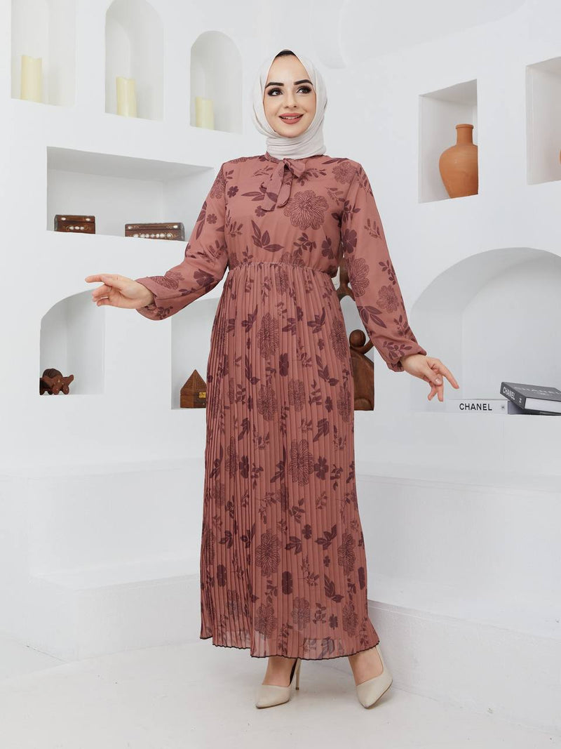 GLN Fashion Turkish Women's Chiffon Maxi Dress - 675 Brown - Tuzzut.com Qatar Online Shopping