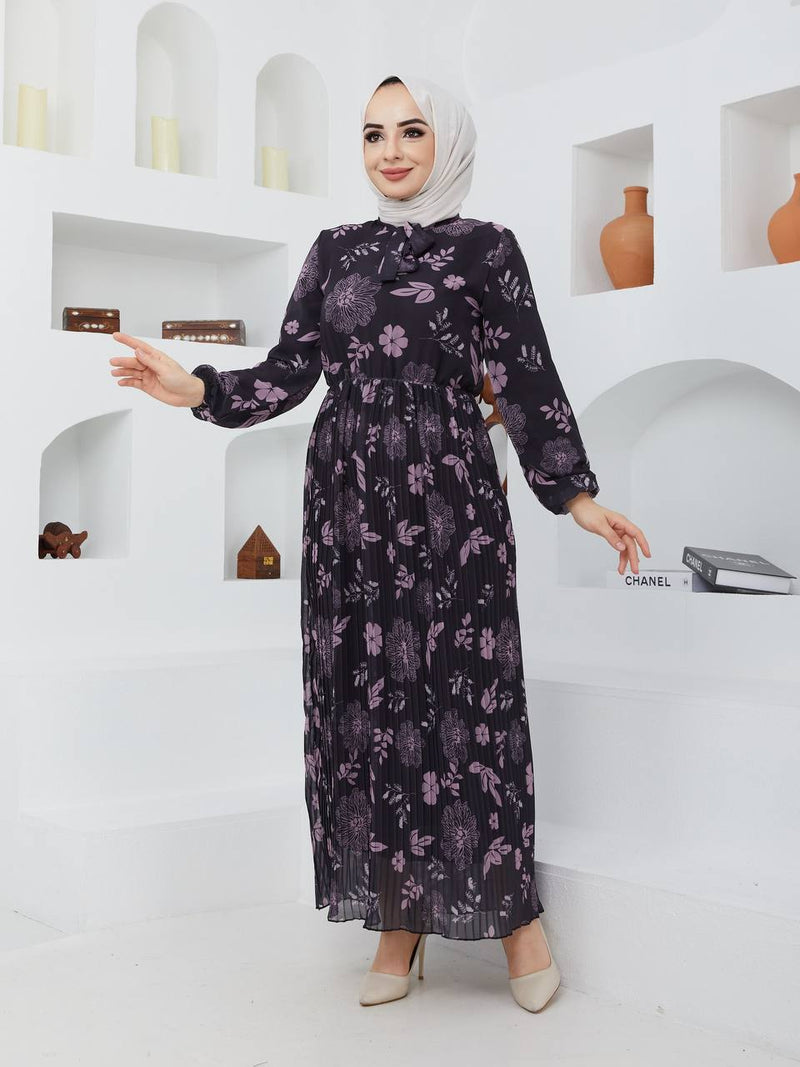 GLN Fashion Turkish Women's Chiffon Maxi Dress - 675 Grape - Tuzzut.com Qatar Online Shopping