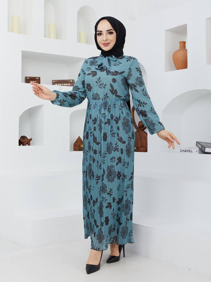 GLN Fashion Turkish Women's Chiffon Maxi Dress - 675 Blue-Green - Tuzzut.com Qatar Online Shopping