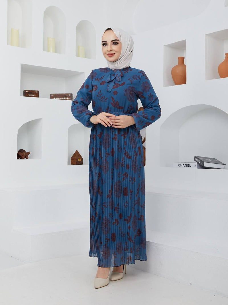 GLN Fashion Turkish Women's Chiffon Maxi Dress - 675 Blue - Tuzzut.com Qatar Online Shopping