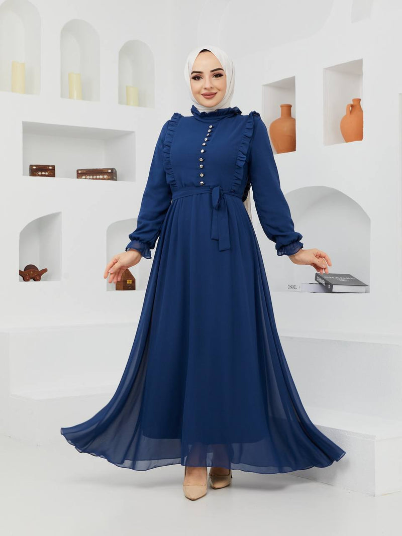 Efsun Moda Turkish Women's Chiffon Maxi Dress - 1202 Blue - Tuzzut.com Qatar Online Shopping