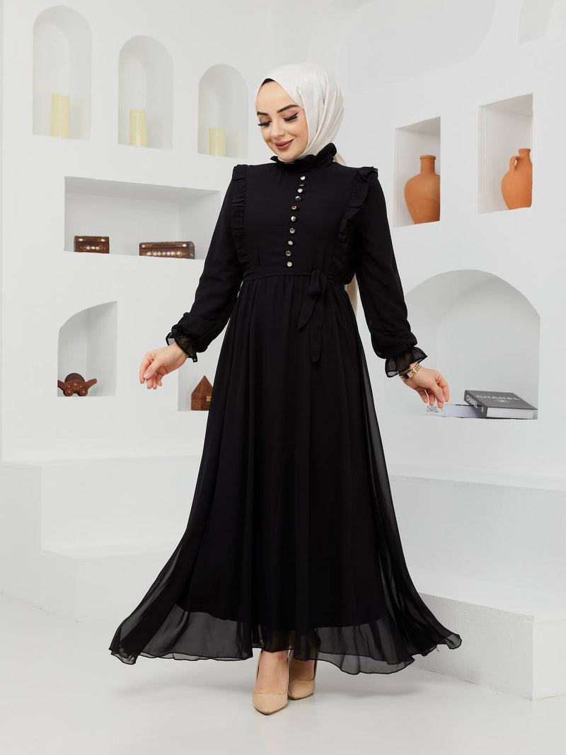 Efsun Moda Turkish Women's Chiffon Maxi Dress - 1202 Black - Tuzzut.com Qatar Online Shopping