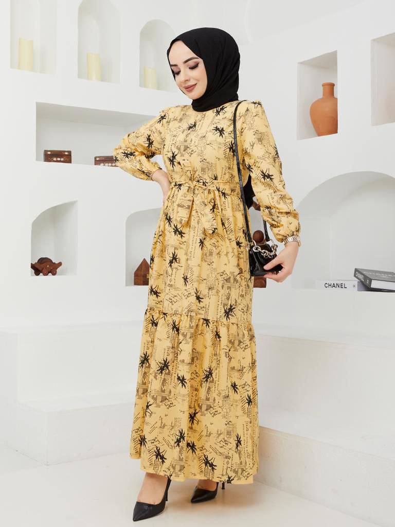 Zinka Turkish Women's  Terry Cotton Maxi Dress-442 Yellow - Tuzzut.com Qatar Online Shopping