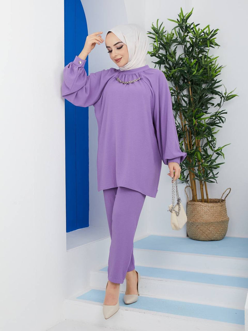 Efsun Moda Women's Ayrobin Long Top and Pant - 213 Violet - Tuzzut.com Qatar Online Shopping
