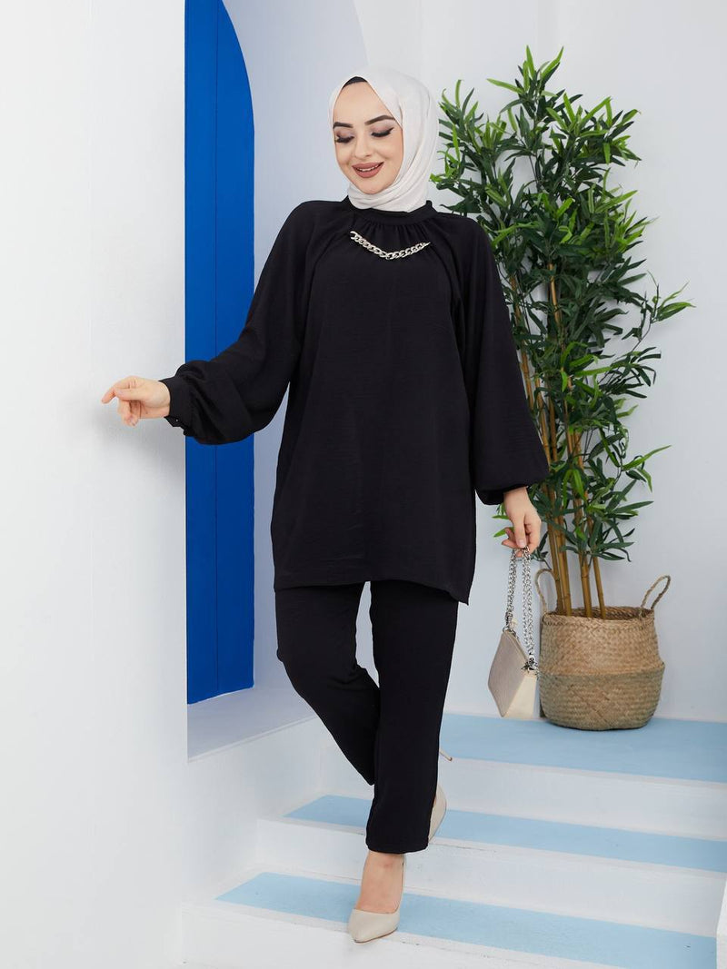 Efsun Moda Women's Ayrobin Long Top and Pant - 213 Black - Tuzzut.com Qatar Online Shopping