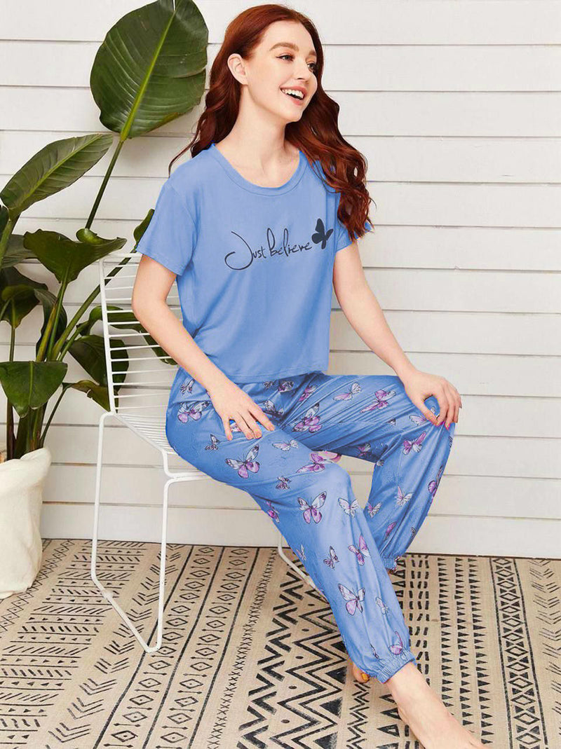 Turkish Laroza Fashion Women's Top and Pant - Just Believe - Blue - Tuzzut.com Qatar Online Shopping