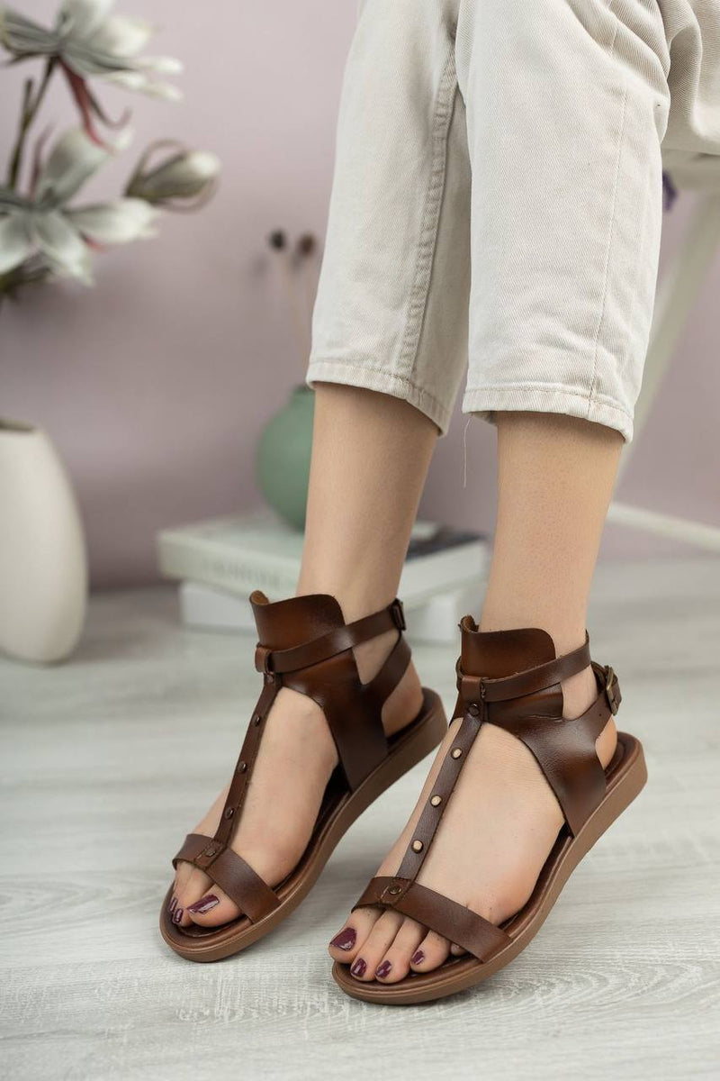 Women's Leather Ankle Wrap Sandals 3005 - Brown - Tuzzut.com Qatar Online Shopping
