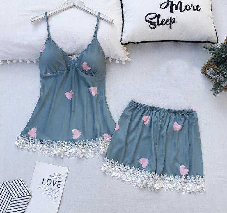 Women's Silk Satin Shorts Pajama Set Non-Padded R130 - Tuzzut.com Qatar Online Shopping