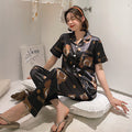 Women's Silk Satin Pajama Set Collar Short Sleeve Printed Nightgown - CP330 - Tuzzut.com Qatar Online Shopping