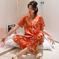 Women's Silk Satin Pajama Set Collar Short Sleeve Printed Nightgown - CP330 - Tuzzut.com Qatar Online Shopping