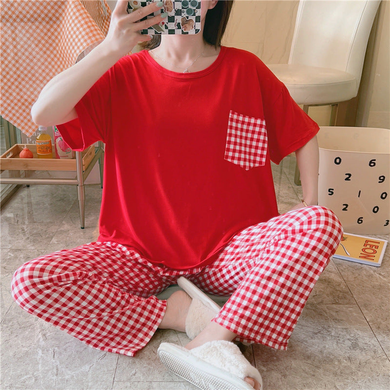 Women's Summer Check Loose Pajama Homewear with Pocket - FP533 - Tuzzut.com Qatar Online Shopping