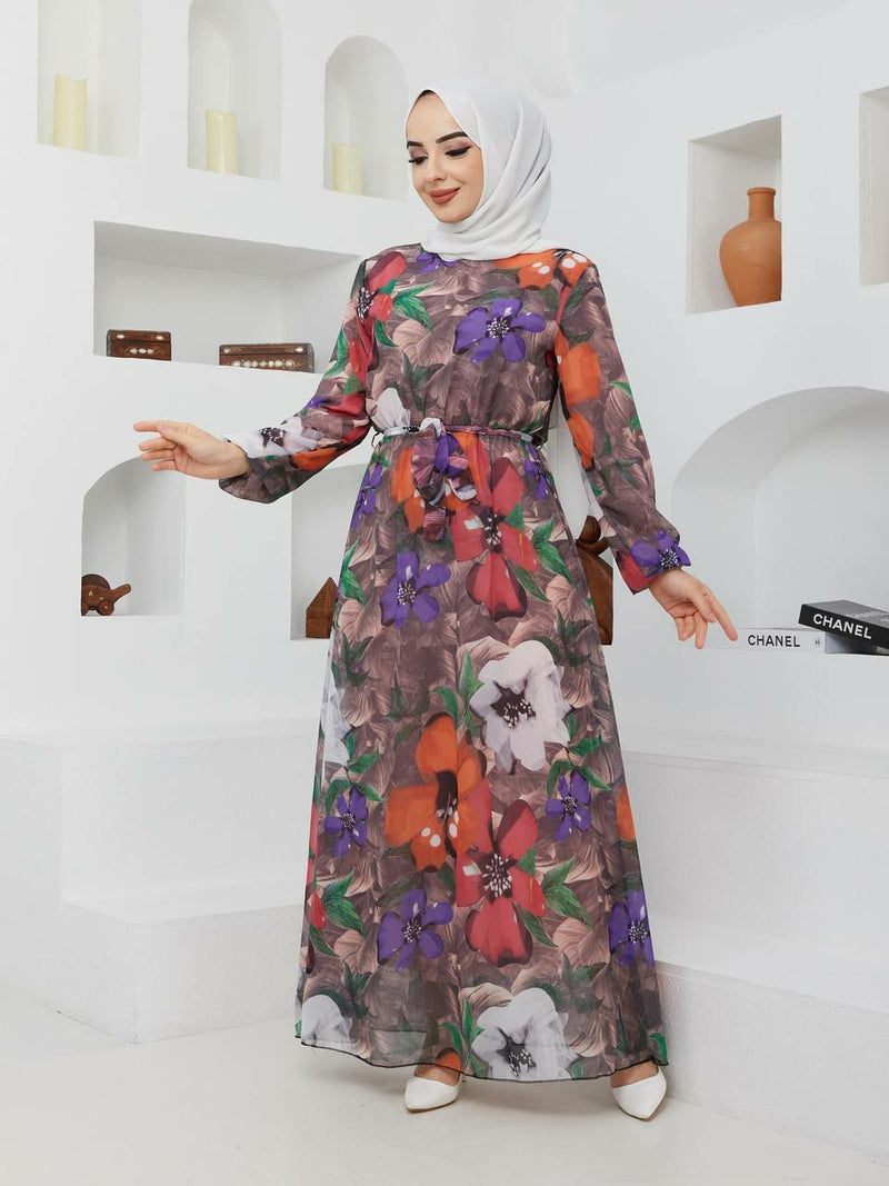 GLN Fashion Turkish Women's Ayrobin Maxi Dress- A421 Brown - Tuzzut.com Qatar Online Shopping