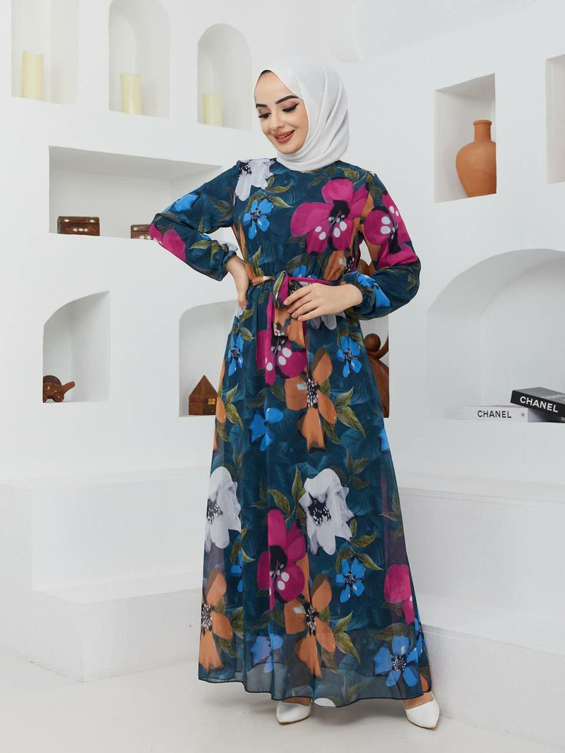 GLN Fashion Turkish Women's Ayrobin Maxi Dress- A421 Blue - Tuzzut.com Qatar Online Shopping