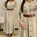 Pleated Turkish Women's Buttoned Ayrobin Dress with Belt - A337 - Tuzzut.com Qatar Online Shopping