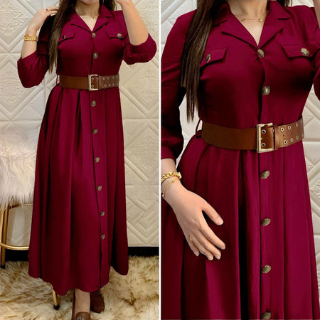 Pleated Turkish Women's Buttoned Ayrobin Dress with Belt - A337 - TUZZUT Qatar Online Store