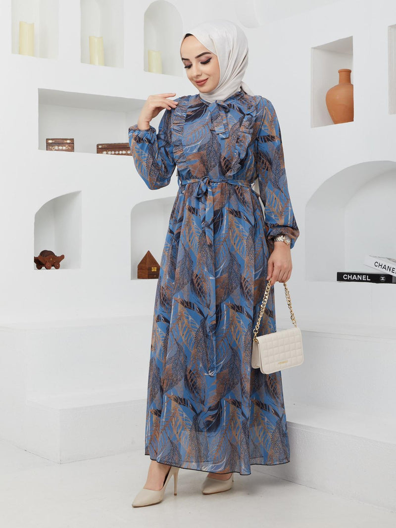 GLN Fashion Turkish Women's Chiffon Maxi Dress - G366 Blue - Tuzzut.com Qatar Online Shopping