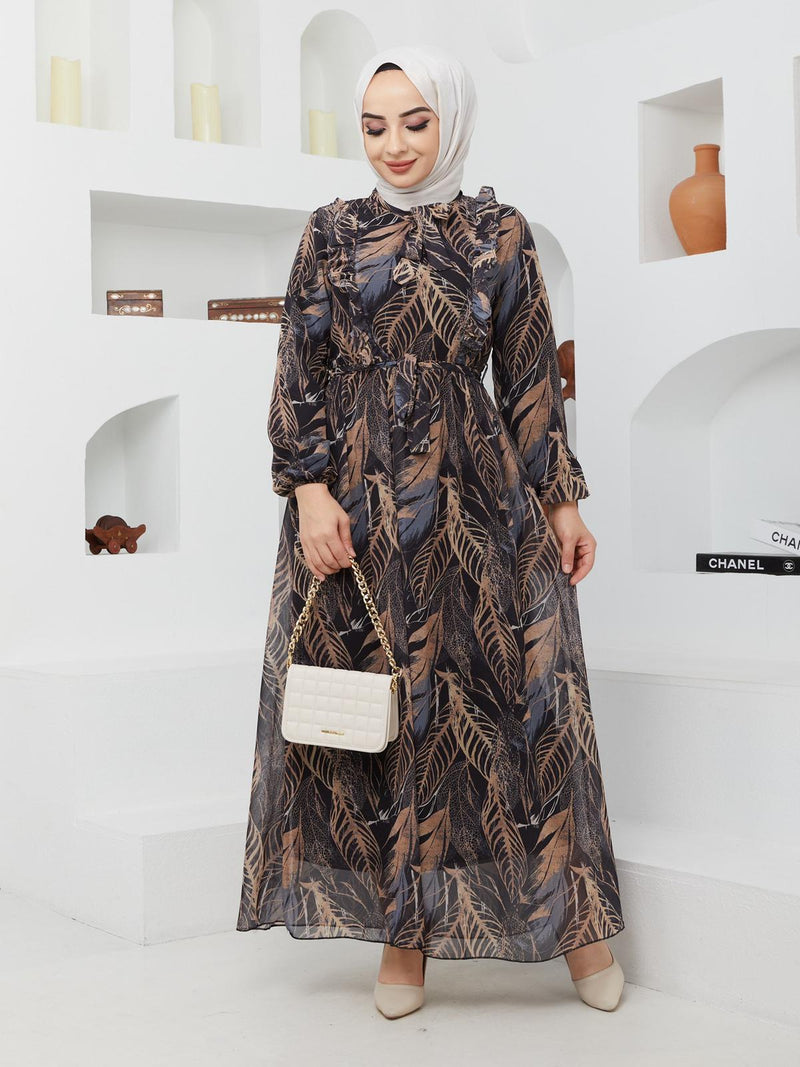 GLN Fashion Turkish Women's Chiffon Maxi Dress - G366 Black - Tuzzut.com Qatar Online Shopping