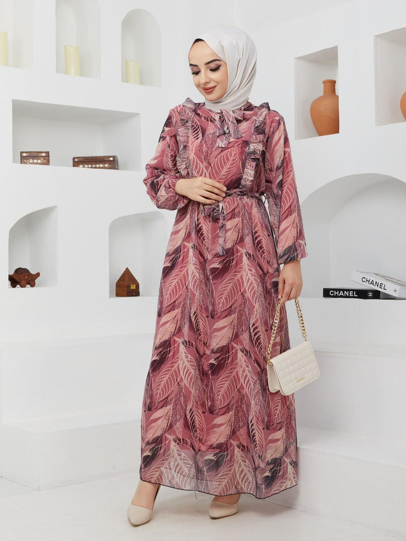 GLN Fashion Turkish Women's Chiffon Maxi Dress - G366 Pink - Tuzzut.com Qatar Online Shopping
