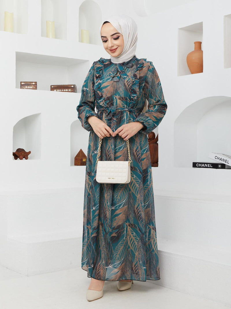 GLN Fashion Turkish Women's Chiffon Maxi Dress - G366 Green - Tuzzut.com Qatar Online Shopping