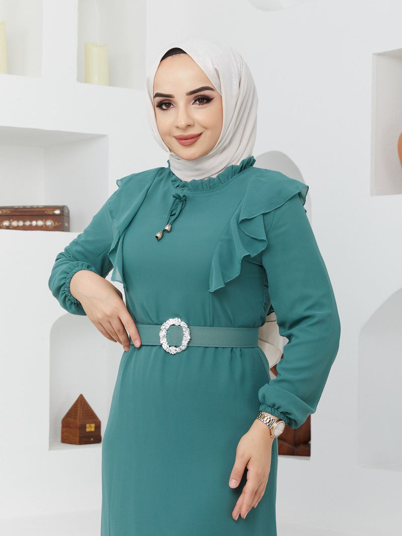 Efsun Moda Turkish Women's Chiffon Maxi Dress - 244 Green - Tuzzut.com Qatar Online Shopping
