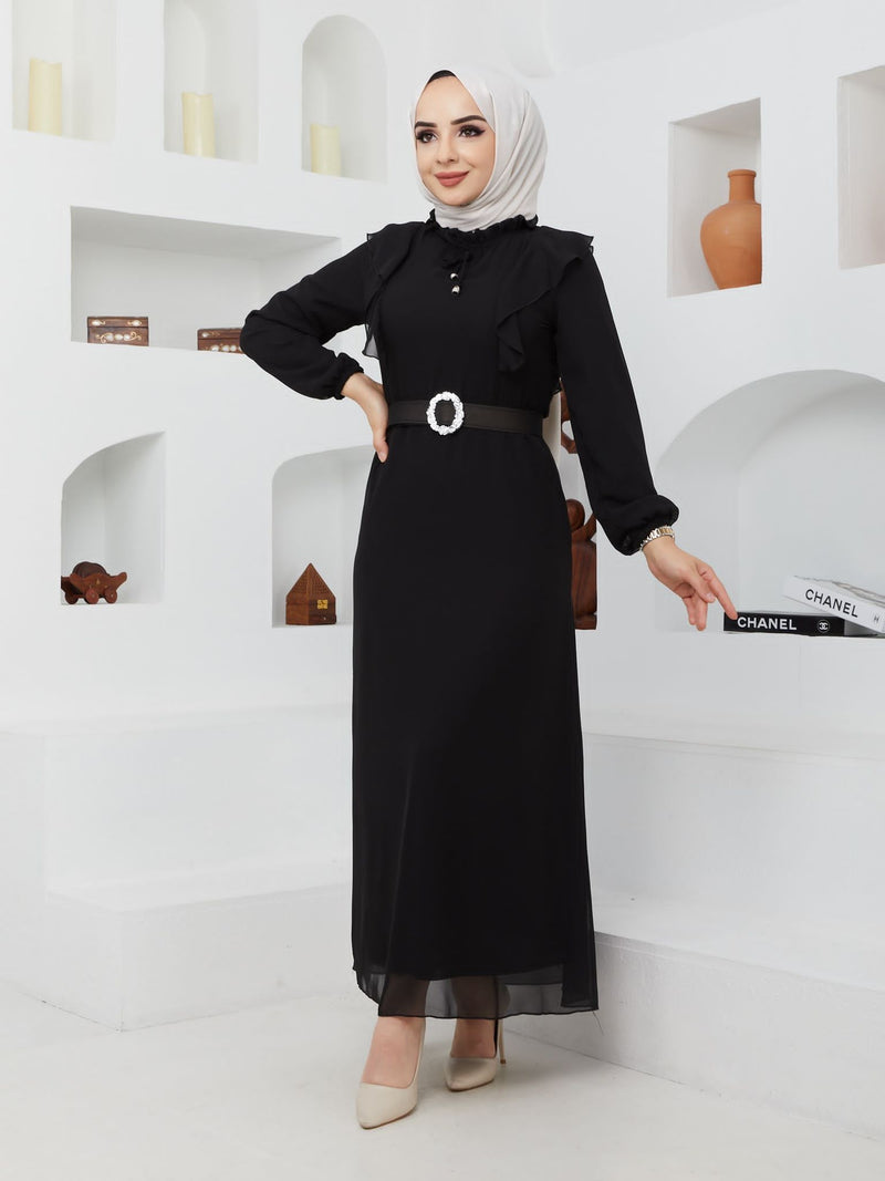 Efsun Moda Turkish Women's Chiffon Maxi Dress - 244 Black - Tuzzut.com Qatar Online Shopping
