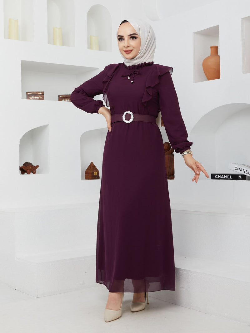 Efsun Moda Turkish Women's Chiffon Maxi Dress - 244 Grape - Tuzzut.com Qatar Online Shopping