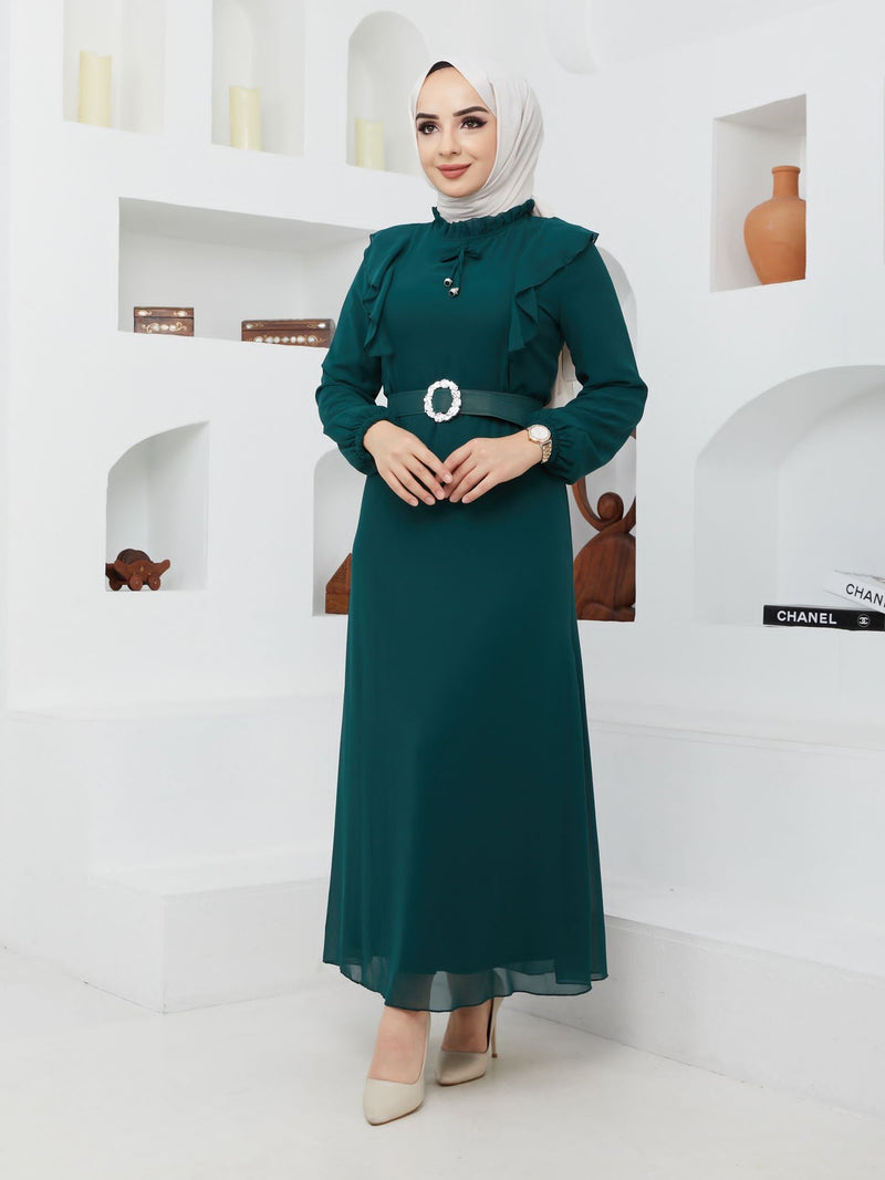 Efsun Moda Turkish Women's Chiffon Maxi Dress - 244 Dark Green - Tuzzut.com Qatar Online Shopping