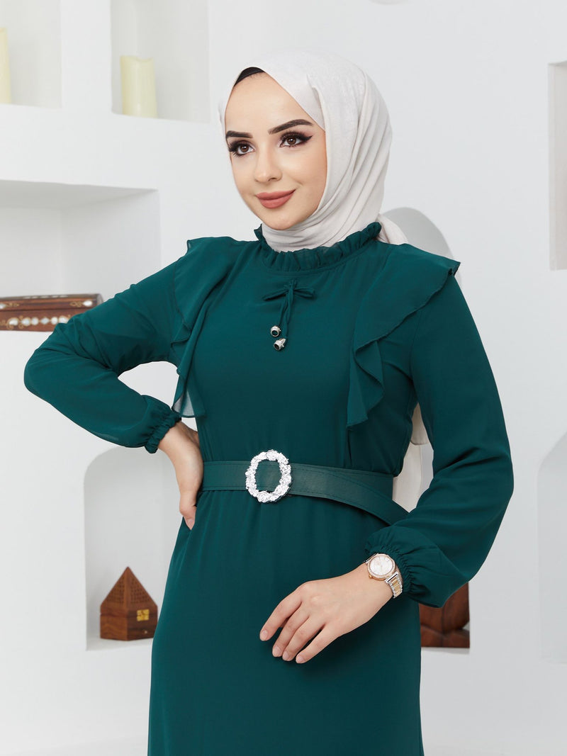Efsun Moda Turkish Women's Chiffon Maxi Dress - 244 Dark Green - Tuzzut.com Qatar Online Shopping