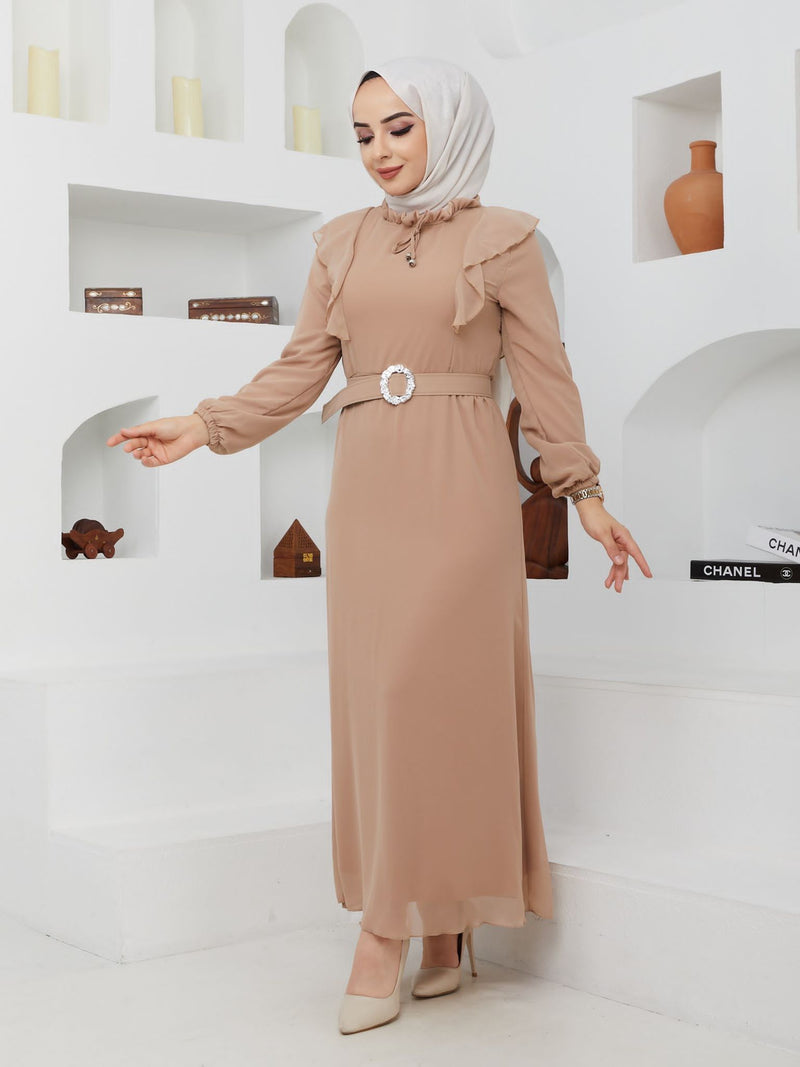 Efsun Moda Turkish Women's Chiffon Maxi Dress - 244 Cream - Tuzzut.com Qatar Online Shopping