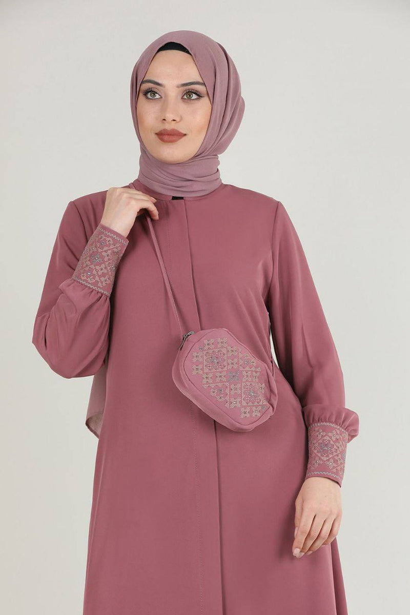 Turkish Fashion Prada Abaya Dress with Bag - 1391 Onion Pink - TUZZUT Qatar Online Store